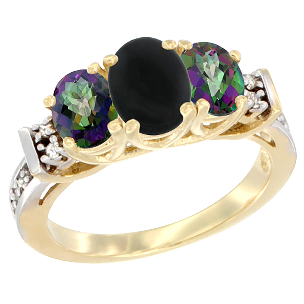 14K Yellow Gold Natural Black Onyx & Mystic Topaz Ring 3-Stone Oval Diamond Accent