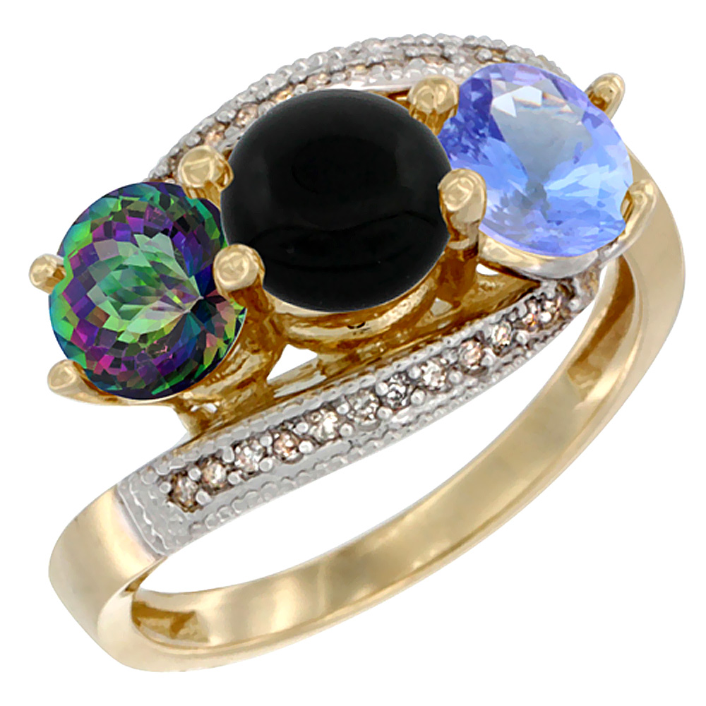 14K Yellow Gold Natural Mystic Topaz, Black Onyx & Tanzanite 3 stone Ring Round 6mm Diamond Accent, sizes 5 - 10