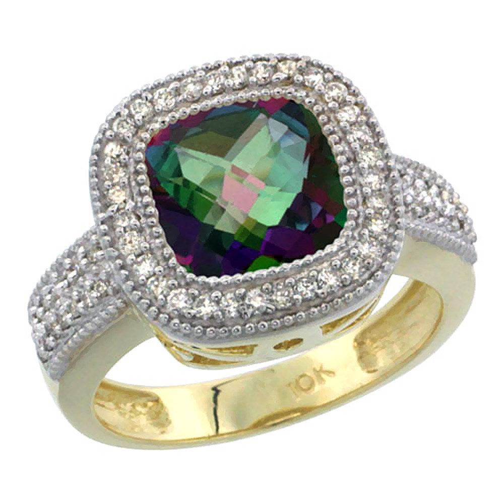 14K Yellow Gold Natural Mystic Topaz Ring Diamond Accent, Cushion-cut 9x9mm Diamond Accent, sizes 5-10