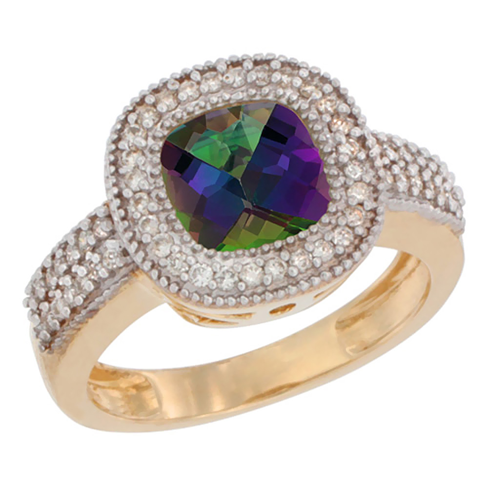 14K Yellow Gold Natural Mystic Topaz Ring Cushion-cut 7x7mm Diamond Accent, sizes 5-10