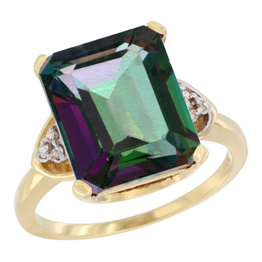 10K Yellow Gold Diamond Natural Mystic Topaz Ring Octagon 12x10 mm, sizes 5-10