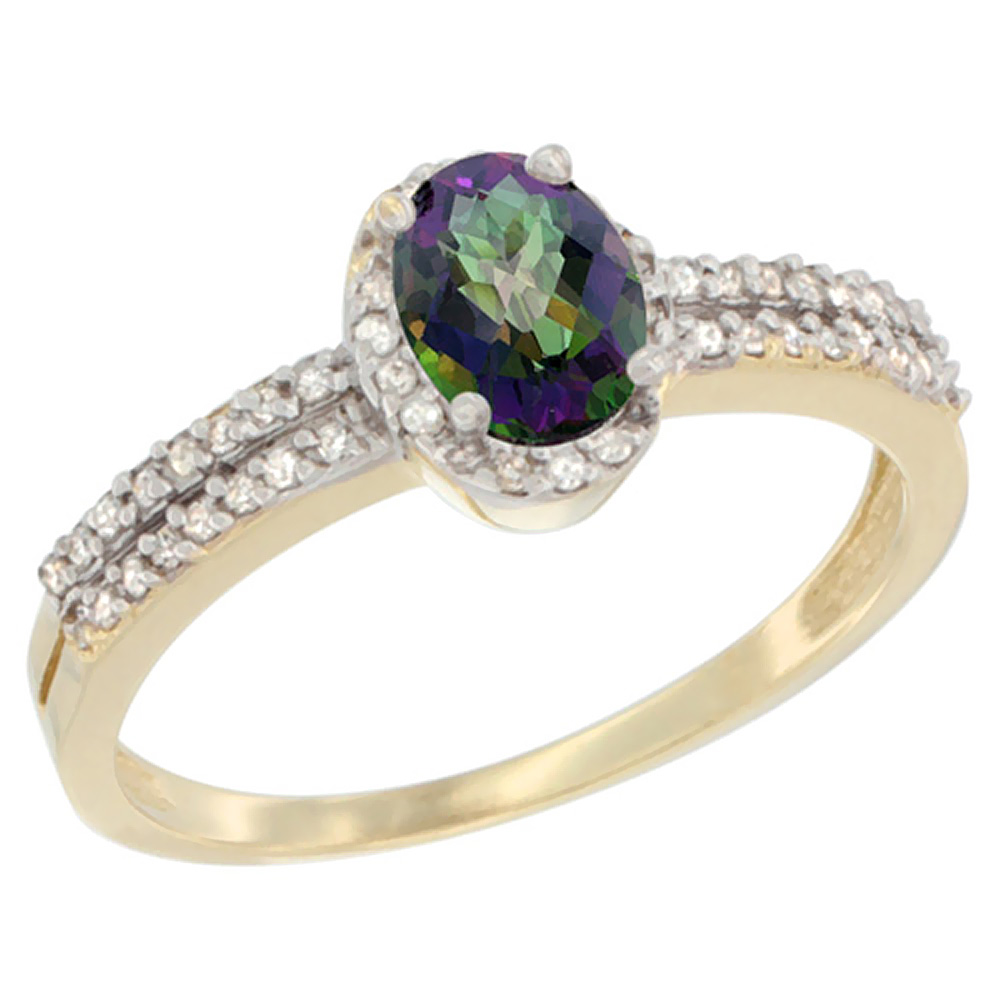 10K Yellow Gold Natural Mystic Topaz Ring Oval 6x4mm Diamond Accent, sizes 5-10