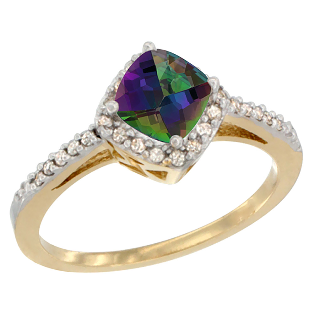 10K Yellow Gold Natural Mystic Topaz Ring Cushion-cut 6mm Halo Diamond Accent, sizes 5 - 10