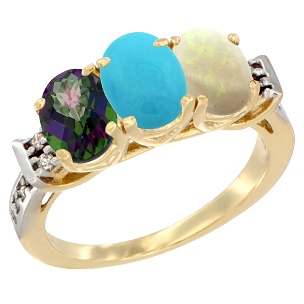 14K Yellow Gold Natural Mystic Topaz, Turquoise & Opal Ring 3-Stone 7x5 mm Oval Diamond Accent, sizes 5 - 10