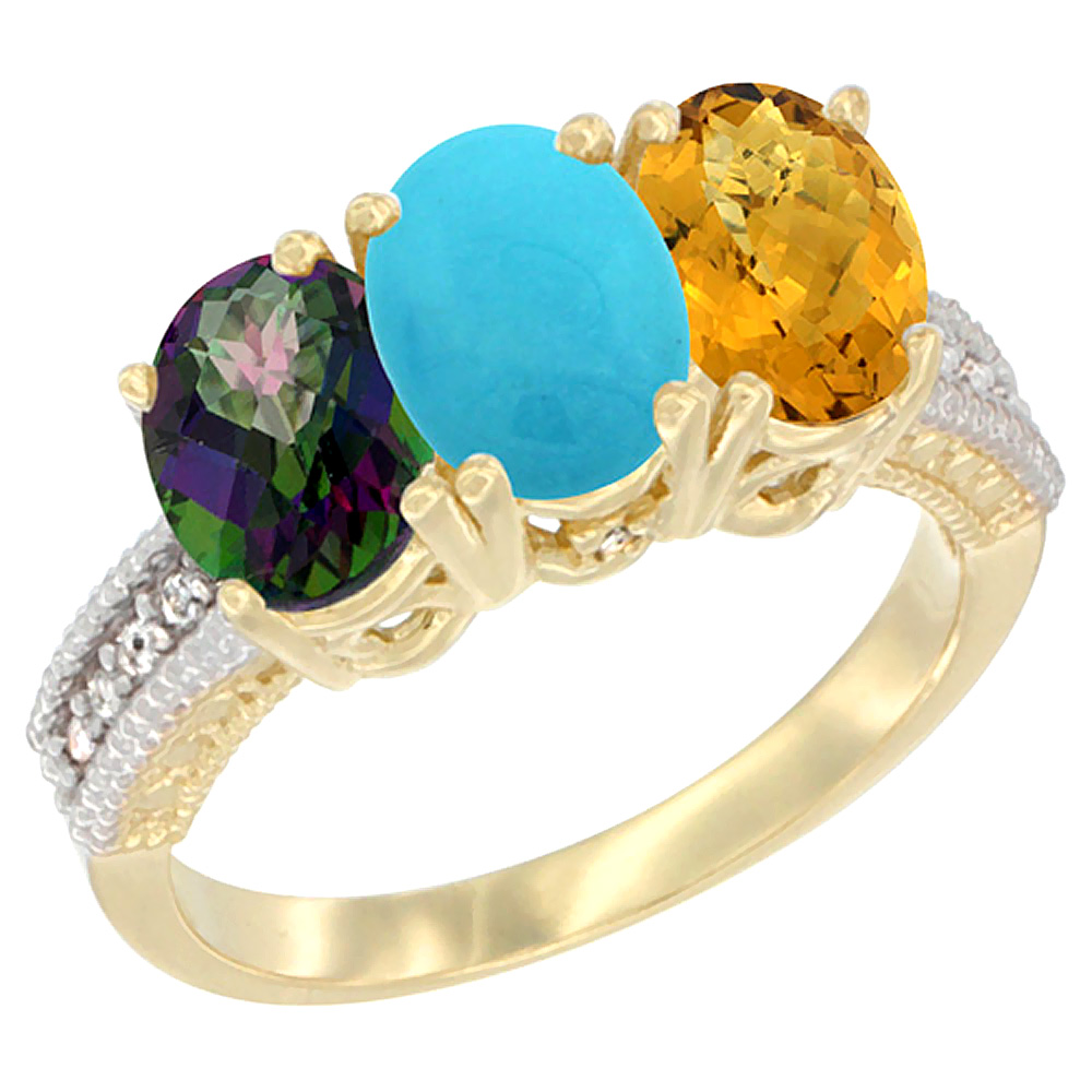 14K Yellow Gold Natural Mystic Topaz, Turquoise & Whisky Quartz Ring 3-Stone 7x5 mm Oval Diamond Accent, sizes 5 - 10