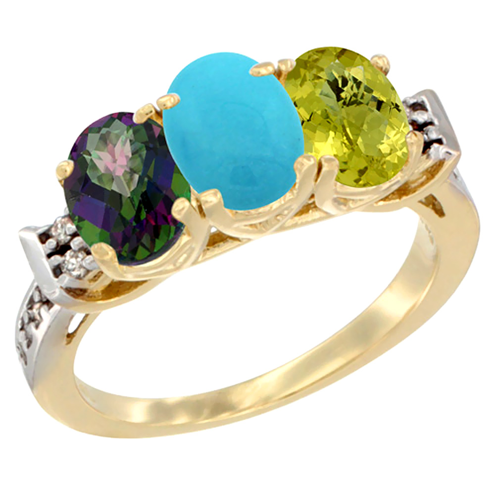 14K Yellow Gold Natural Mystic Topaz, Turquoise & Lemon Quartz Ring 3-Stone 7x5 mm Oval Diamond Accent, sizes 5 - 10