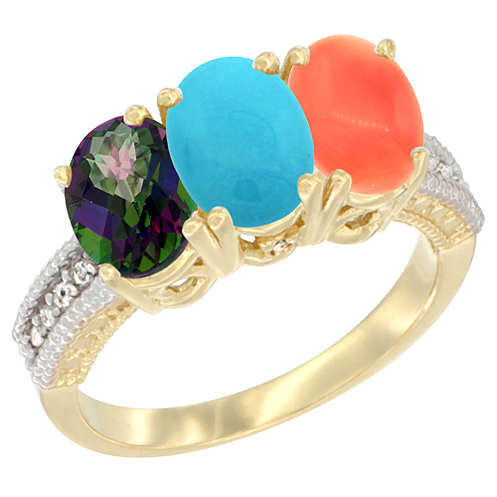 14K Yellow Gold Natural Mystic Topaz, Turquoise & Coral Ring 3-Stone 7x5 mm Oval Diamond Accent, sizes 5 - 10