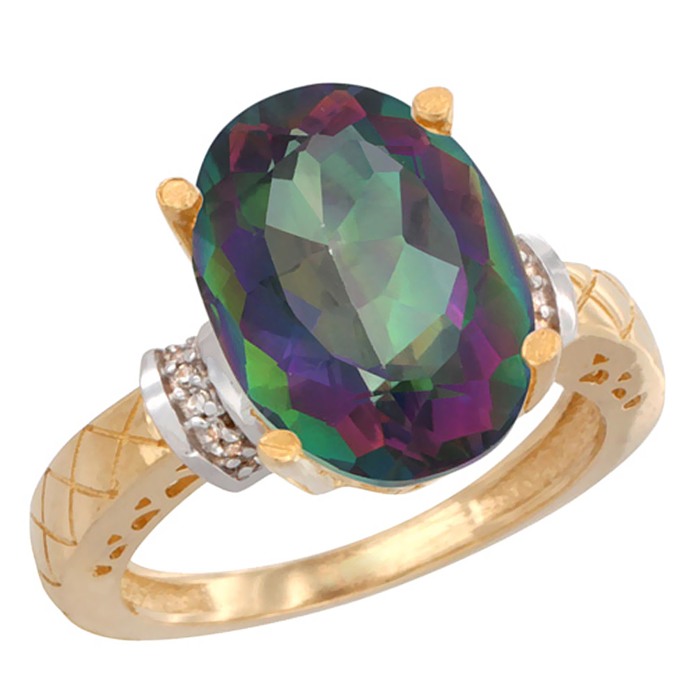 10K Yellow Gold Natural Diamond Mystic Topaz Ring Oval 14x10mm, sizes 5-10