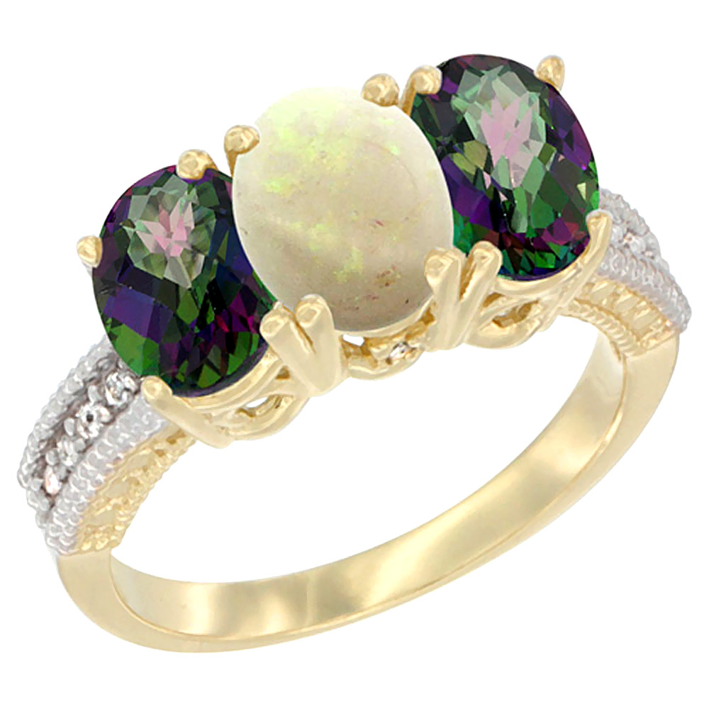 10K Yellow Gold Diamond Natural Opal &amp; Mystic Topaz Ring 3-Stone 7x5 mm Oval, sizes 5 - 10