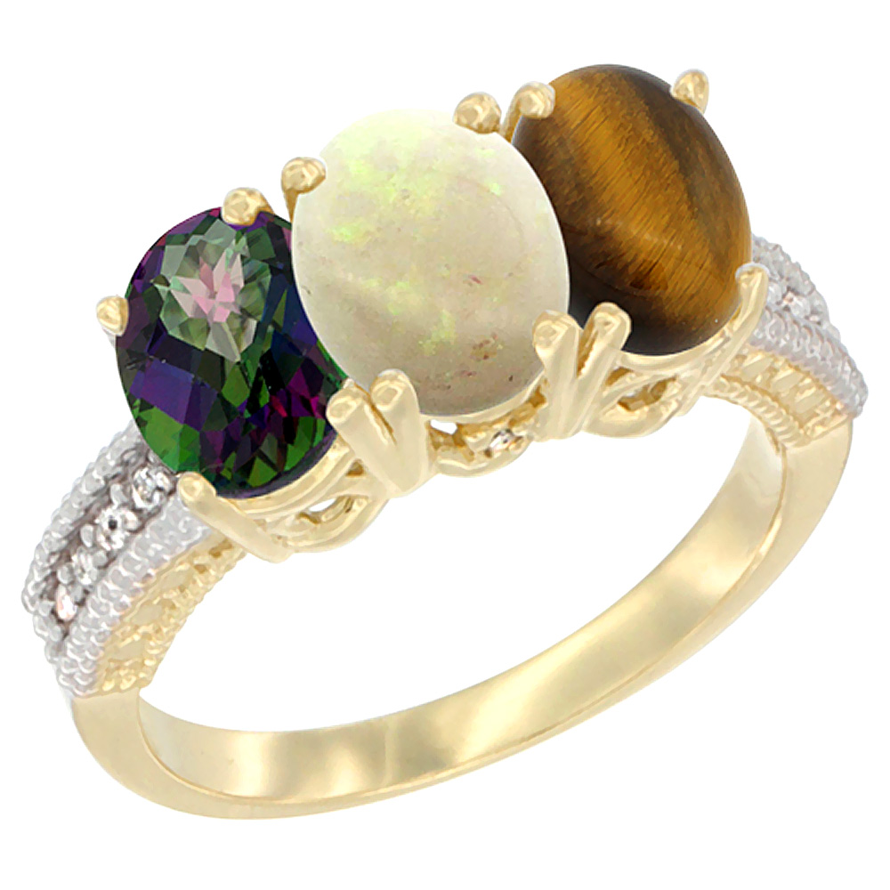 14K Yellow Gold Natural Mystic Topaz, Opal & Tiger Eye Ring 3-Stone 7x5 mm Oval Diamond Accent, sizes 5 - 10