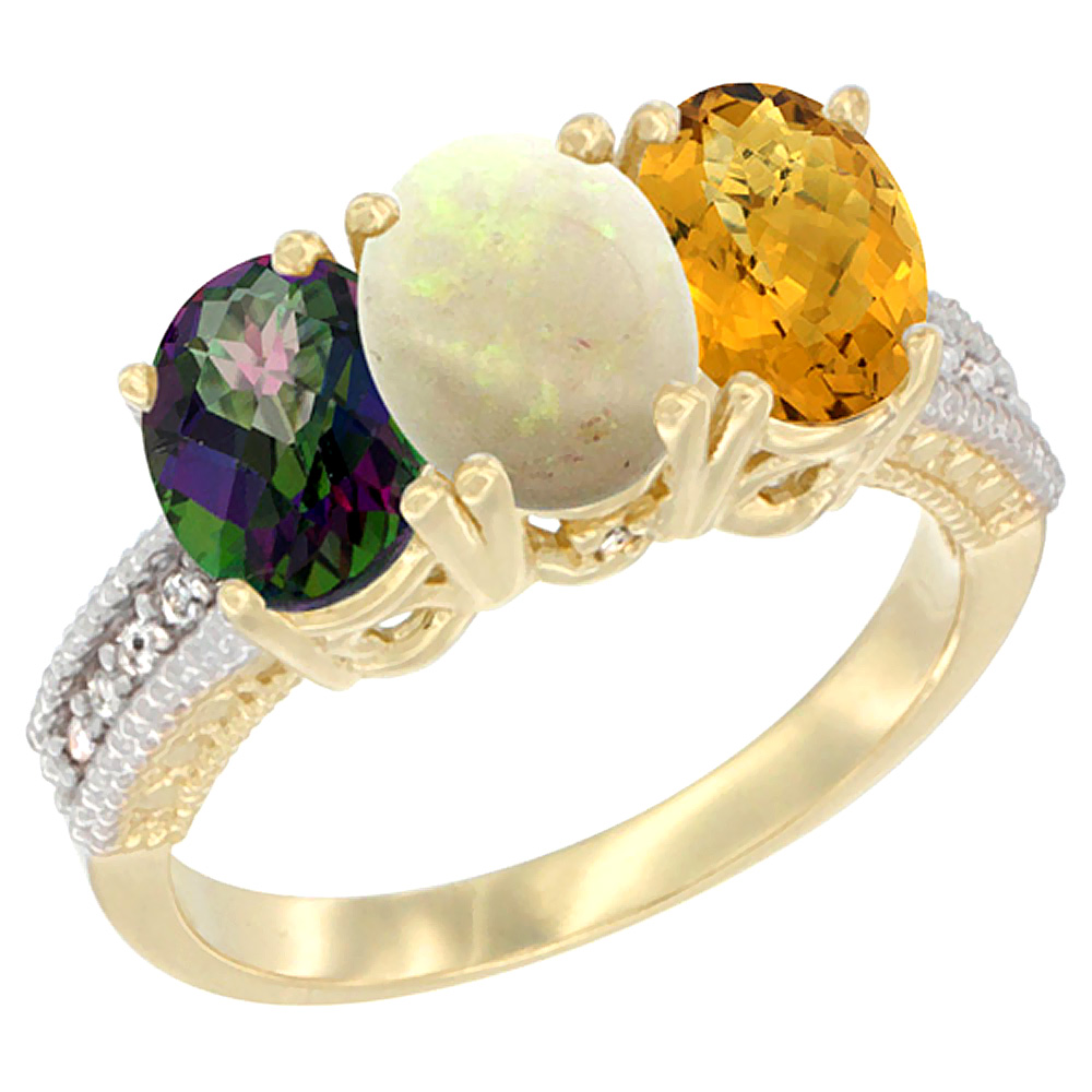 14K Yellow Gold Natural Mystic Topaz, Opal & Whisky Quartz Ring 3-Stone 7x5 mm Oval Diamond Accent, sizes 5 - 10