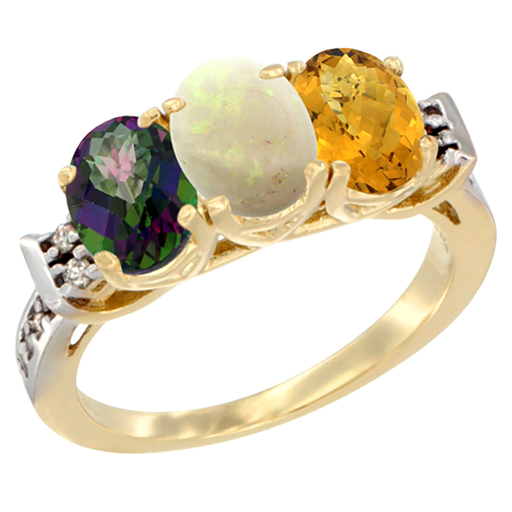 10K Yellow Gold Natural Mystic Topaz, Opal & Whisky Quartz Ring 3-Stone Oval 7x5 mm Diamond Accent, sizes 5 - 10