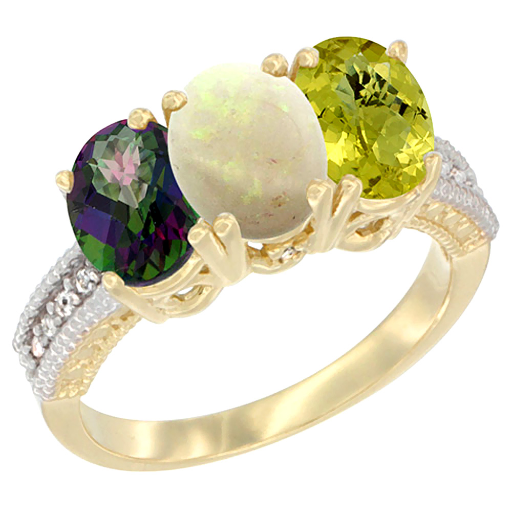 14K Yellow Gold Natural Mystic Topaz, Opal & Lemon Quartz Ring 3-Stone 7x5 mm Oval Diamond Accent, sizes 5 - 10