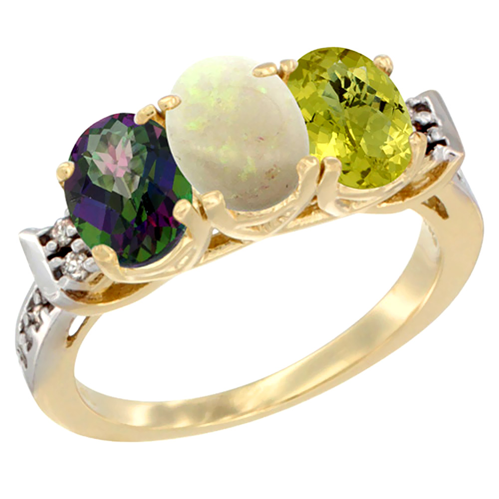 14K Yellow Gold Natural Mystic Topaz, Opal & Lemon Quartz Ring 3-Stone 7x5 mm Oval Diamond Accent, sizes 5 - 10