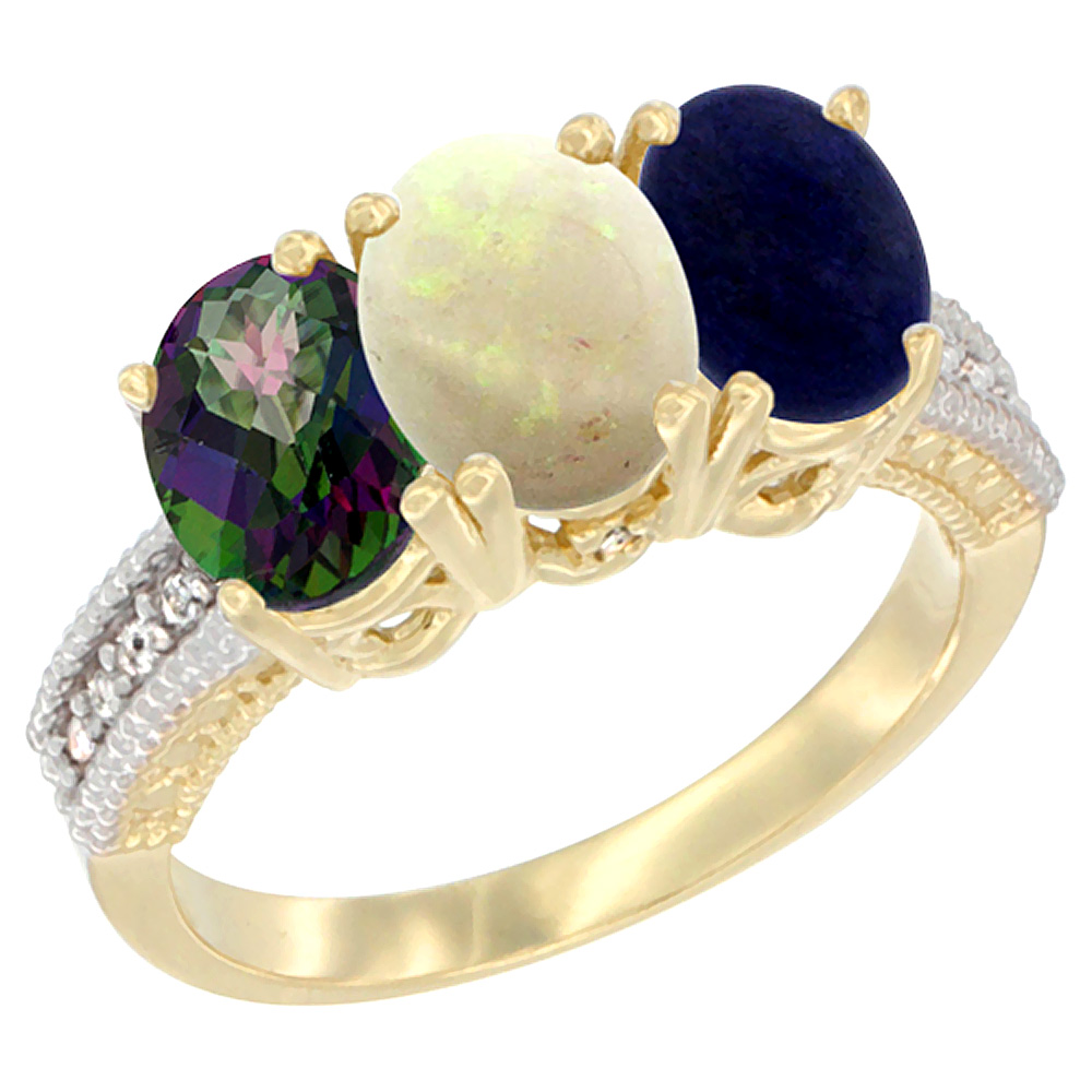 10K Yellow Gold Diamond Natural Mystic Topaz, Opal &amp; Lapis Ring 3-Stone 7x5 mm Oval, sizes 5 - 10