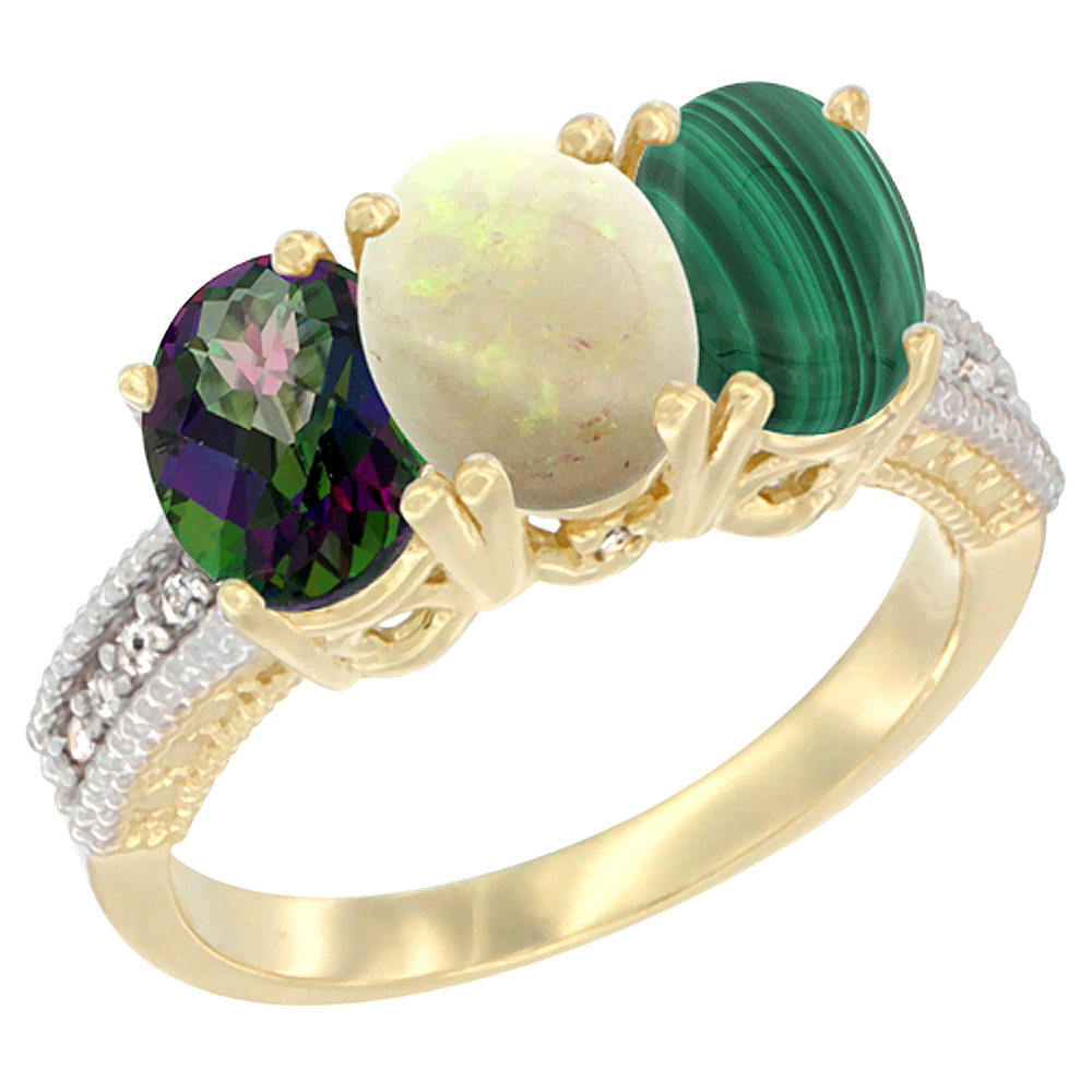 14K Yellow Gold Natural Mystic Topaz, Opal & Malachite Ring 3-Stone 7x5 mm Oval Diamond Accent, sizes 5 - 10