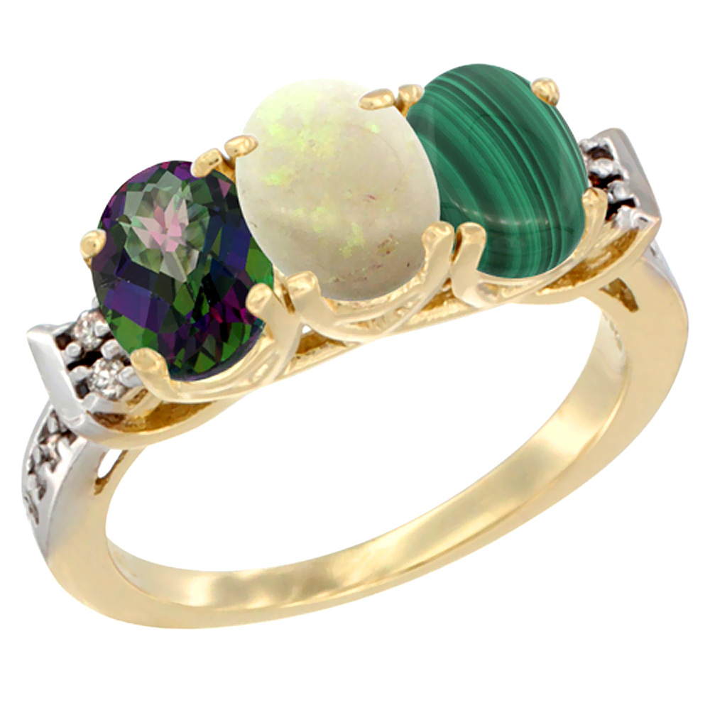 14K Yellow Gold Natural Mystic Topaz, Opal & Malachite Ring 3-Stone 7x5 mm Oval Diamond Accent, sizes 5 - 10