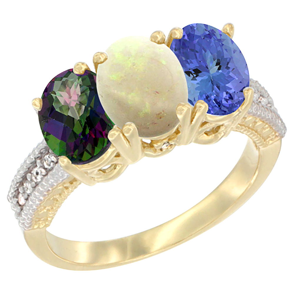 10K Yellow Gold Diamond Natural Mystic Topaz, Opal & Tanzanite Ring 3-Stone 7x5 mm Oval, sizes 5 - 10