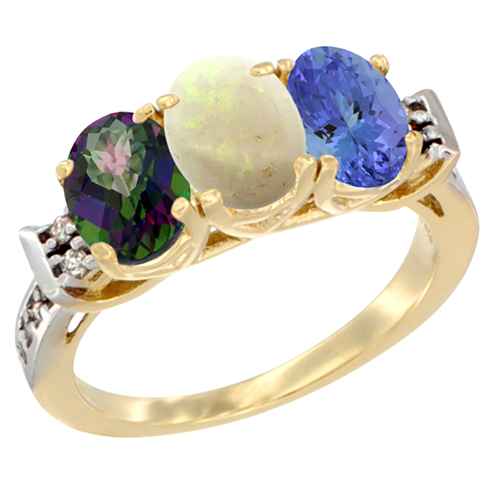 10K Yellow Gold Natural Mystic Topaz, Opal & Tanzanite Ring 3-Stone Oval 7x5 mm Diamond Accent, sizes 5 - 10