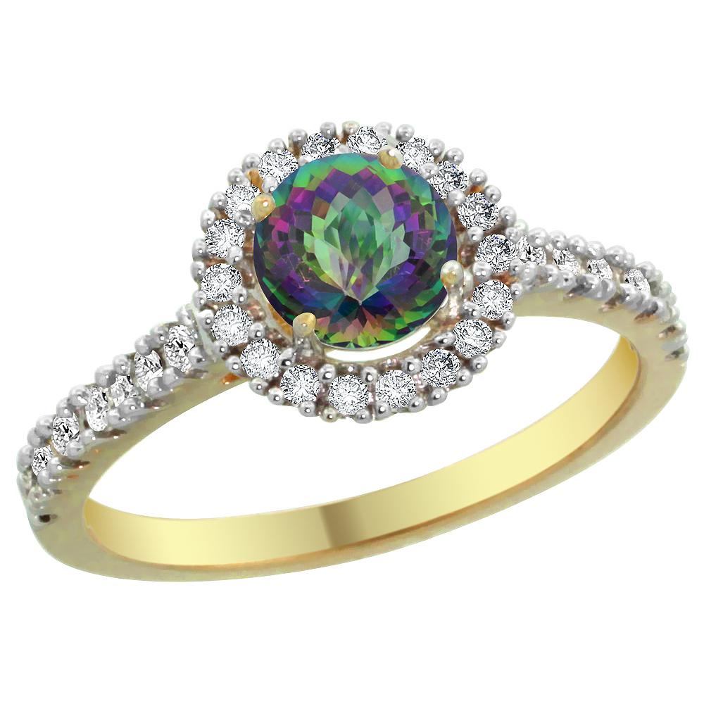 14K Yellow Gold Diamond Halo Natural Mystic Topaz Ring Round 6mm, sizes 5 - 10