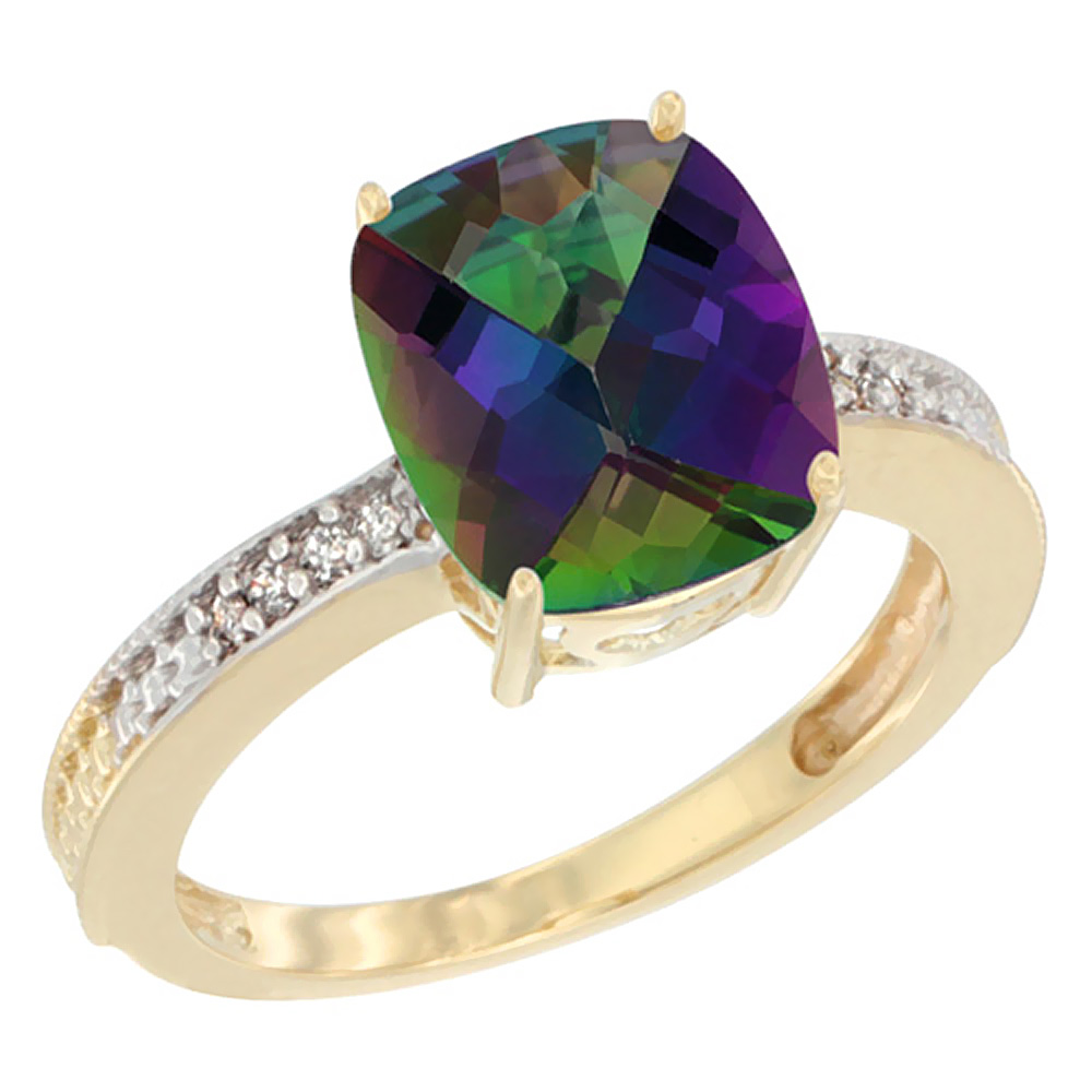 14K Yellow Gold Diamond Cushion 10x8 mm Natural Mystic Topaz Stone Ring, sizes 5 - 10