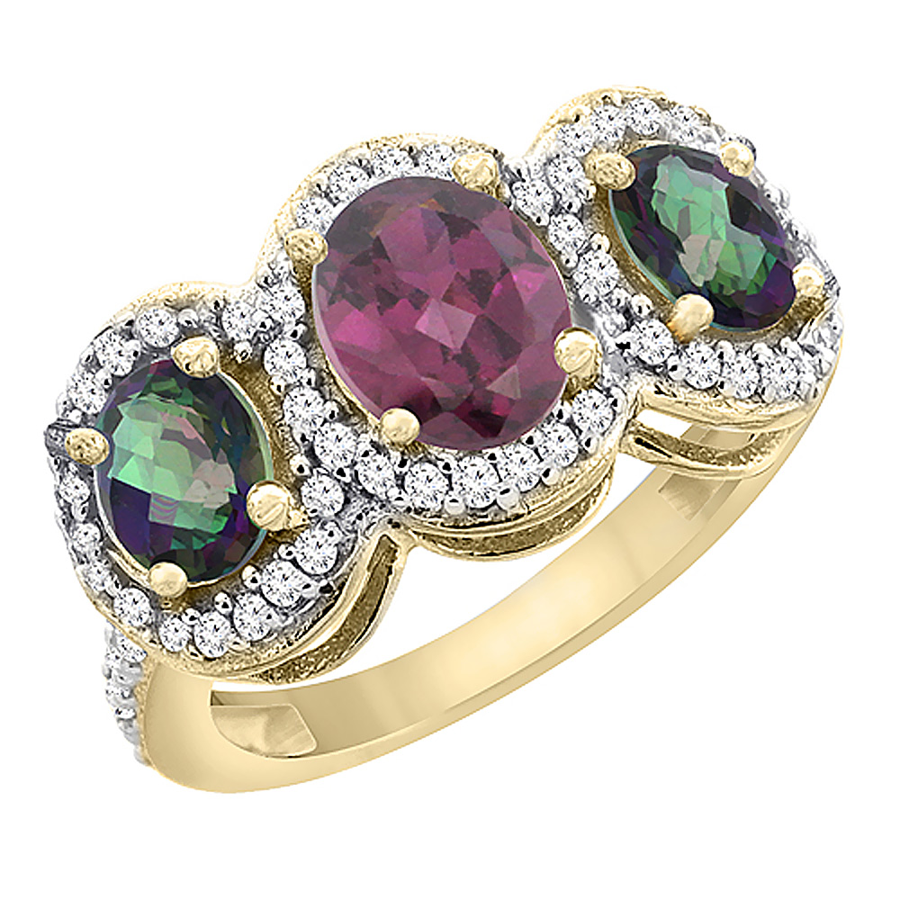 10K Yellow Gold Natural Rhodolite &amp; Mystic Topaz 3-Stone Ring Oval Diamond Accent, sizes 5 - 10