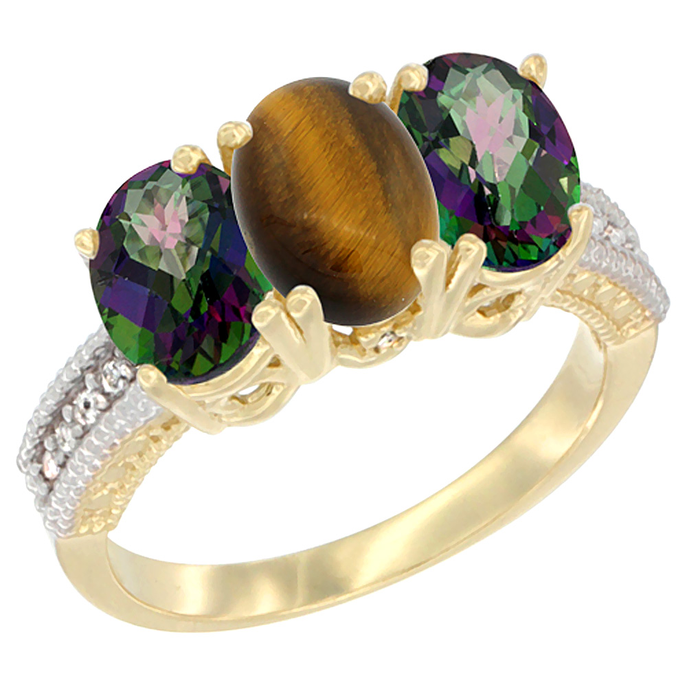 14K Yellow Gold Natural Tiger Eye & Mystic Topaz Sides Ring 3-Stone 7x5 mm Oval Diamond Accent, sizes 5 - 10