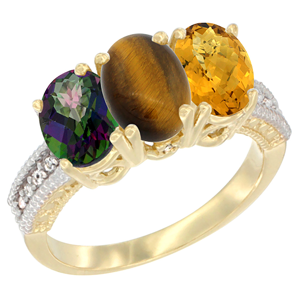 10K Yellow Gold Diamond Natural Mystic Topaz, Tiger Eye &amp; Whisky Quartz Ring 3-Stone 7x5 mm Oval, sizes 5 - 10