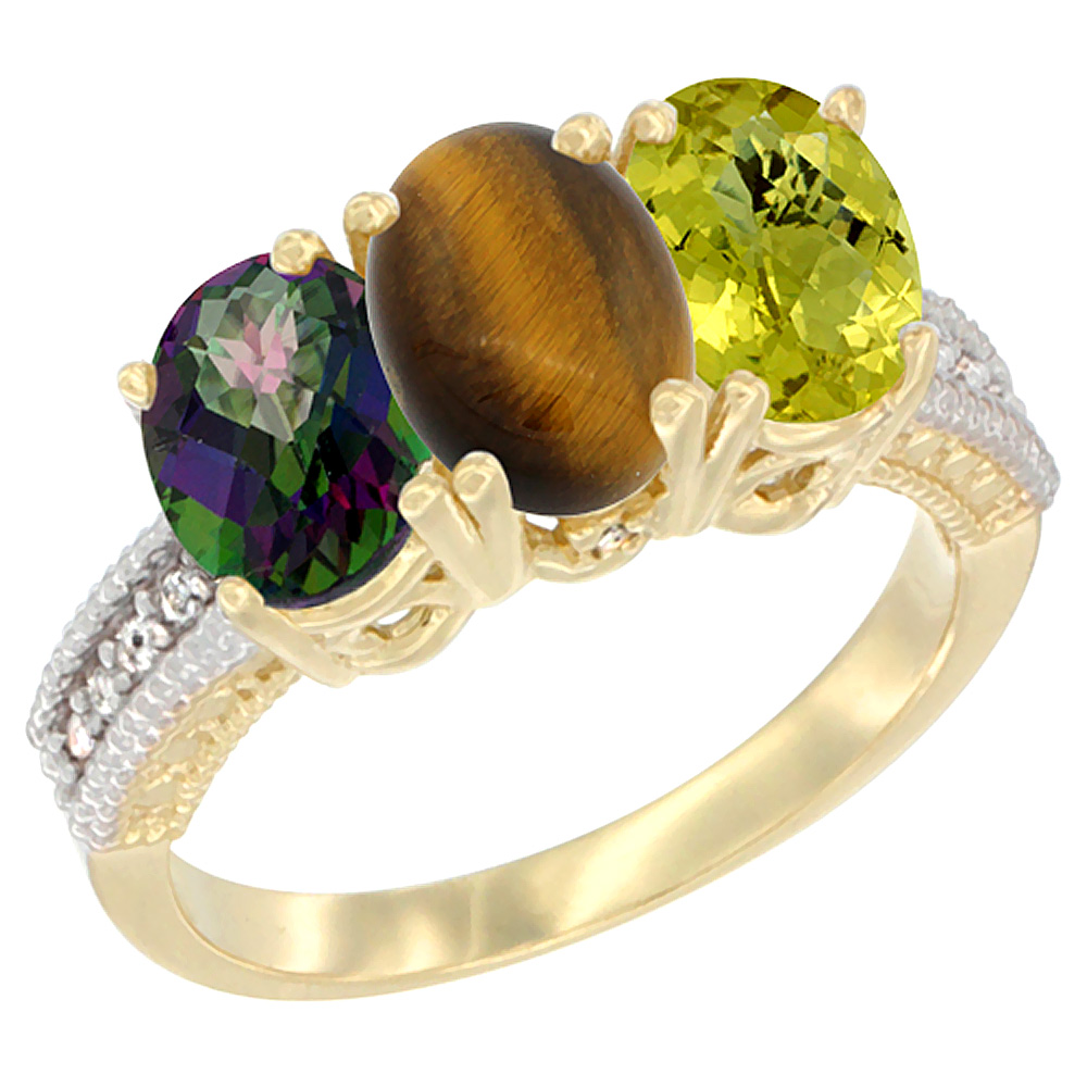 14K Yellow Gold Natural Mystic Topaz, Tiger Eye & Lemon Quartz Ring 3-Stone 7x5 mm Oval Diamond Accent, sizes 5 - 10