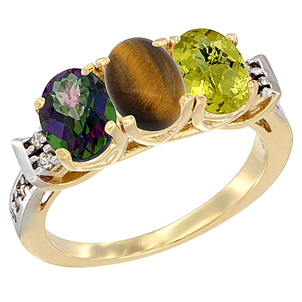 14K Yellow Gold Natural Mystic Topaz, Tiger Eye & Lemon Quartz Ring 3-Stone 7x5 mm Oval Diamond Accent, sizes 5 - 10