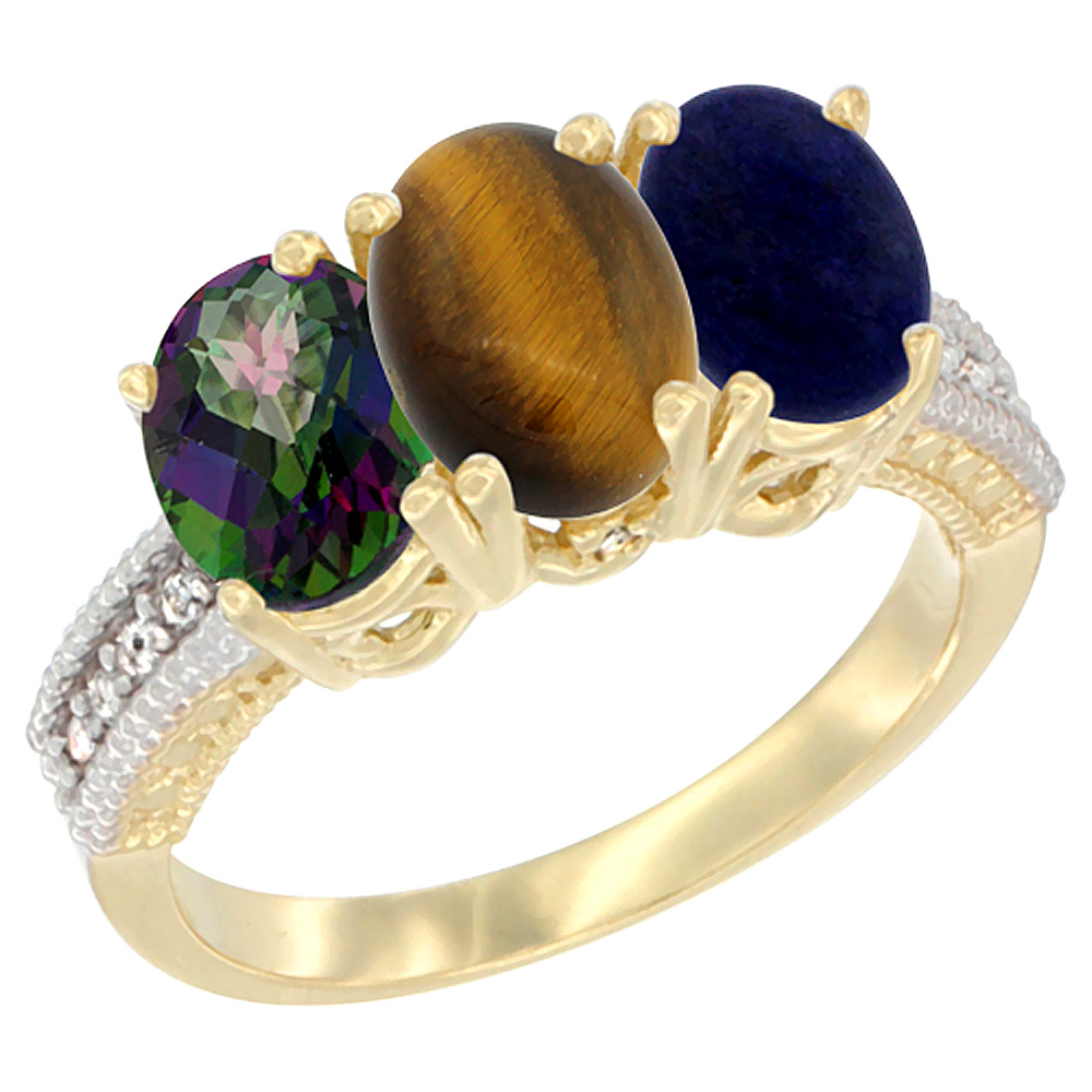 14K Yellow Gold Natural Mystic Topaz, Tiger Eye &amp; Lapis Ring 3-Stone 7x5 mm Oval Diamond Accent, sizes 5 - 10