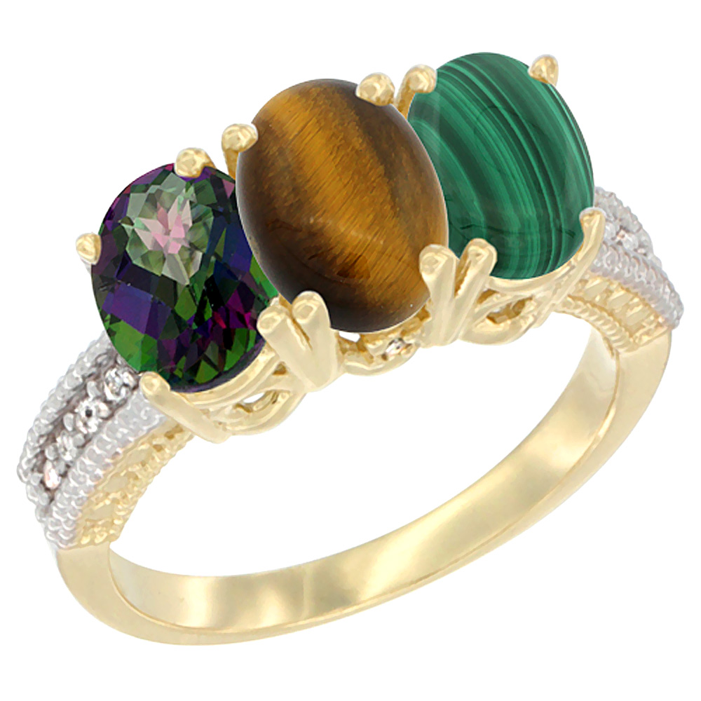 14K Yellow Gold Natural Mystic Topaz, Tiger Eye &amp; Malachite Ring 3-Stone 7x5 mm Oval Diamond Accent, sizes 5 - 10