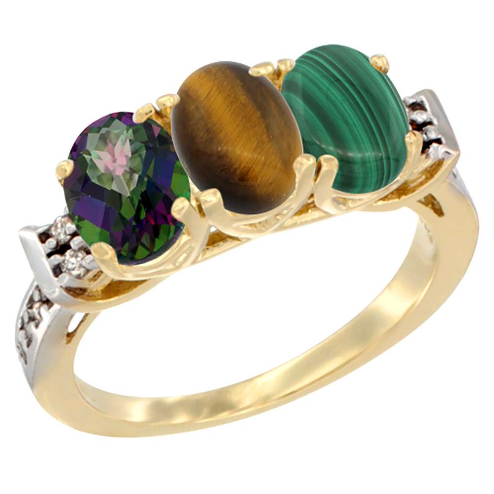 14K Yellow Gold Natural Mystic Topaz, Tiger Eye &amp; Malachite Ring 3-Stone 7x5 mm Oval Diamond Accent, sizes 5 - 10