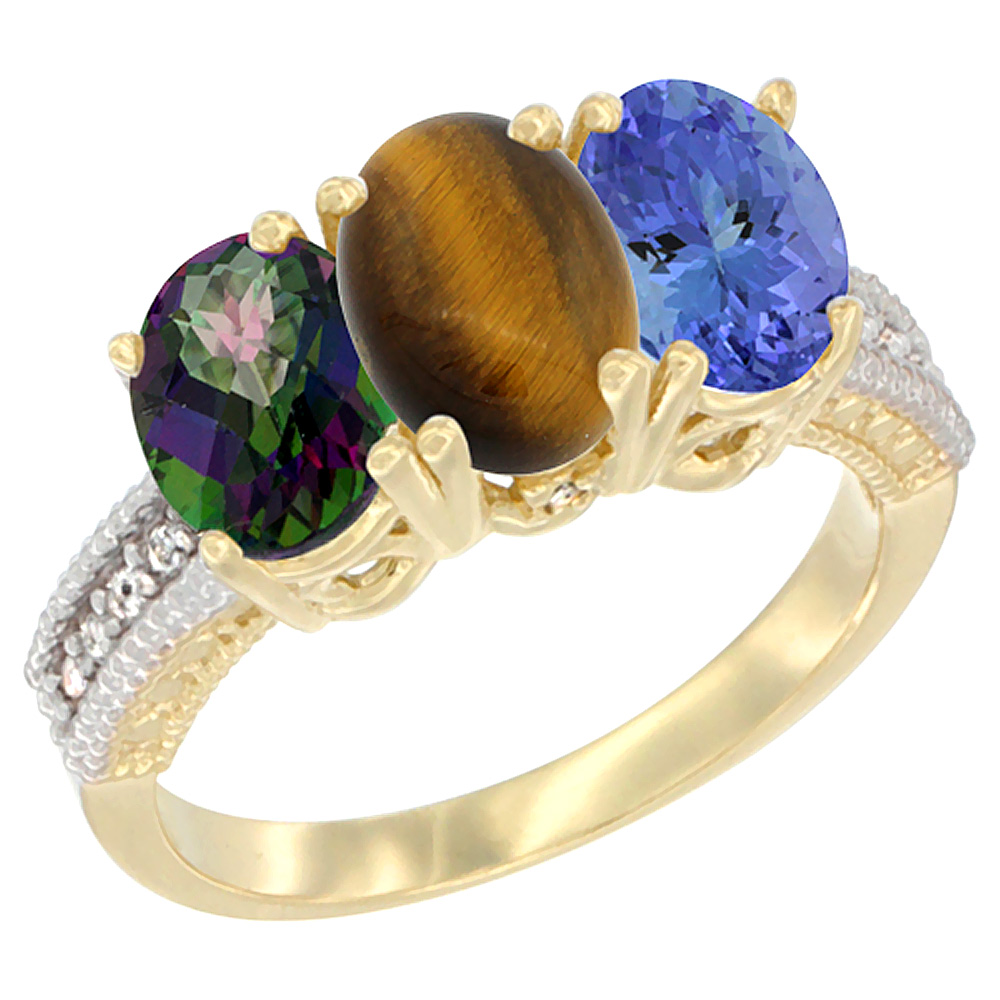 14K Yellow Gold Natural Mystic Topaz, Tiger Eye & Tanzanite Ring 3-Stone 7x5 mm Oval Diamond Accent, sizes 5 - 10