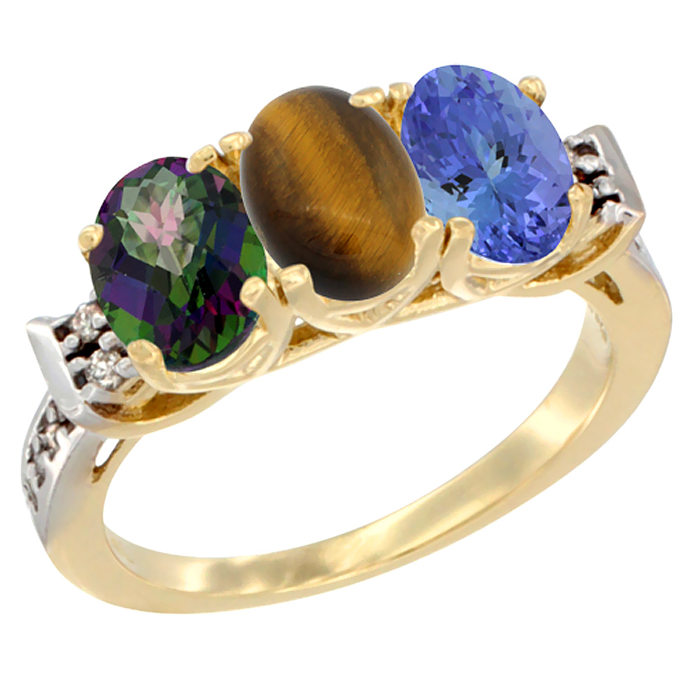 14K Yellow Gold Natural Mystic Topaz, Tiger Eye & Tanzanite Ring 3-Stone 7x5 mm Oval Diamond Accent, sizes 5 - 10