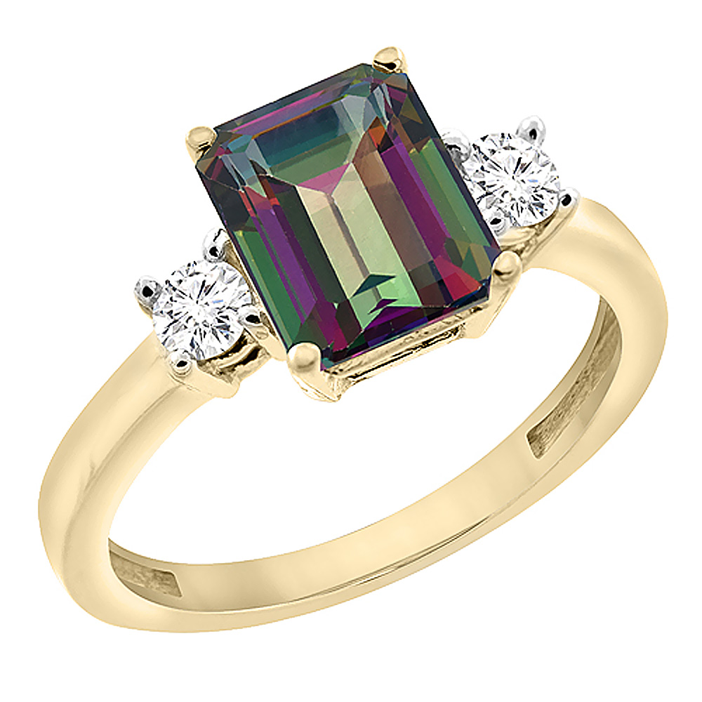 14K Yellow Gold Natural Mystic Topaz Ring Octagon 8x6 mm with Diamond Accents, sizes 5 - 10