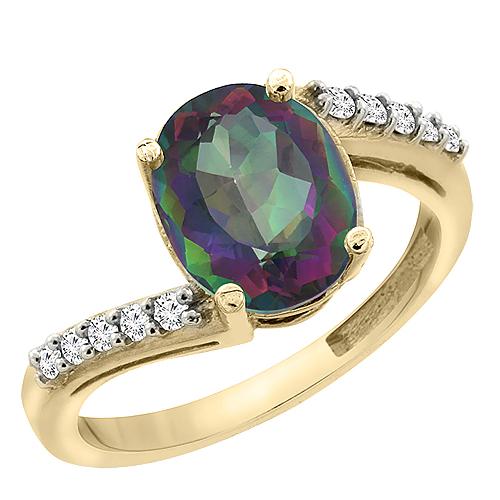 14K Yellow Gold Natural Diamond Mystic Topaz Engagement Ring Oval 10x8mm, sizes 5-10