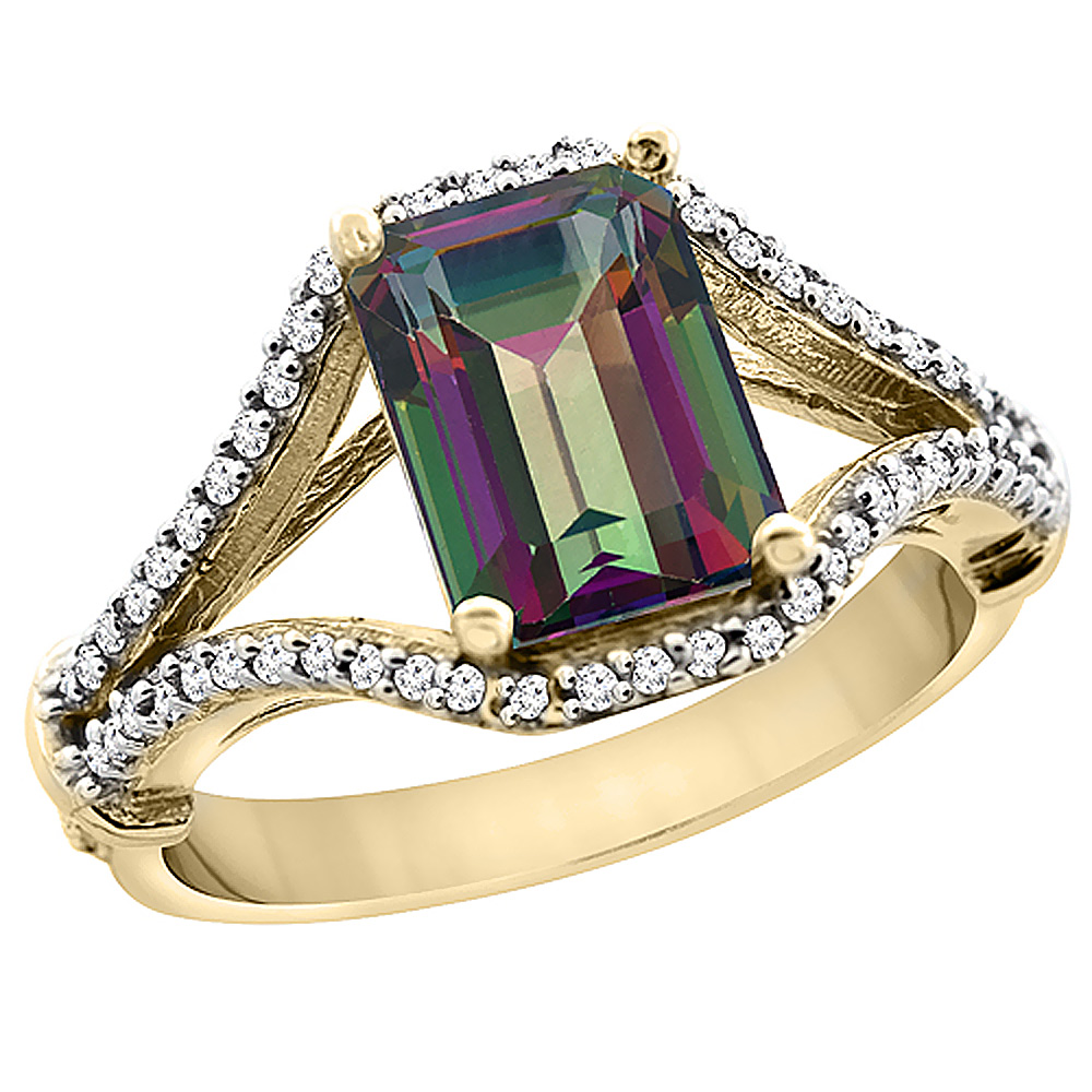 10K Yellow Gold Natural Mystic Topaz Ring Octagon 8x6 mm with Diamond Accents, sizes 5 - 10