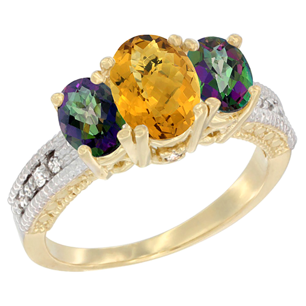 14K Yellow Gold Diamond Natural Whisky Quartz Ring Oval 3-stone with Mystic Topaz, sizes 5 - 10