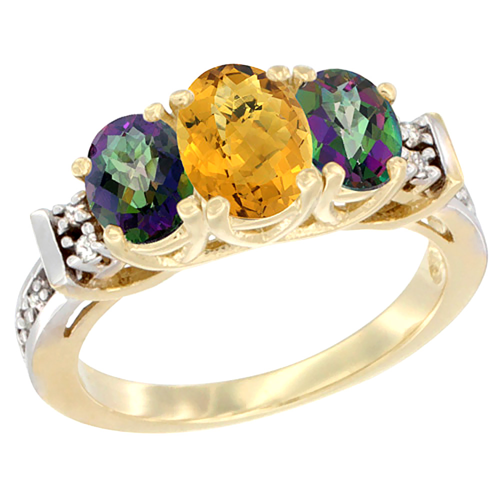 14K Yellow Gold Natural Whisky Quartz & Mystic Topaz Ring 3-Stone Oval Diamond Accent