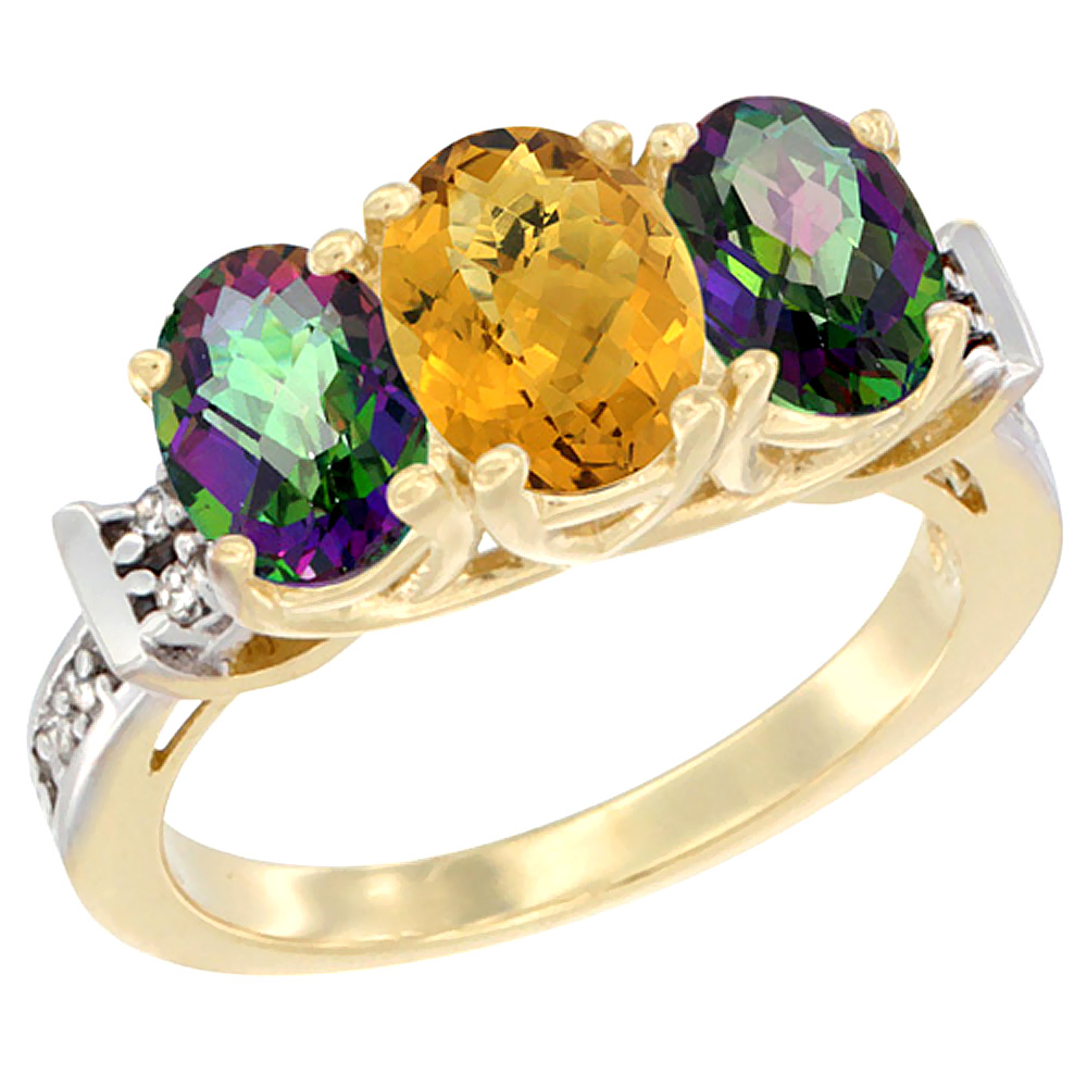 14K Yellow Gold Natural Whisky Quartz & Mystic Topaz Sides Ring 3-Stone Oval Diamond Accent, sizes 5 - 10