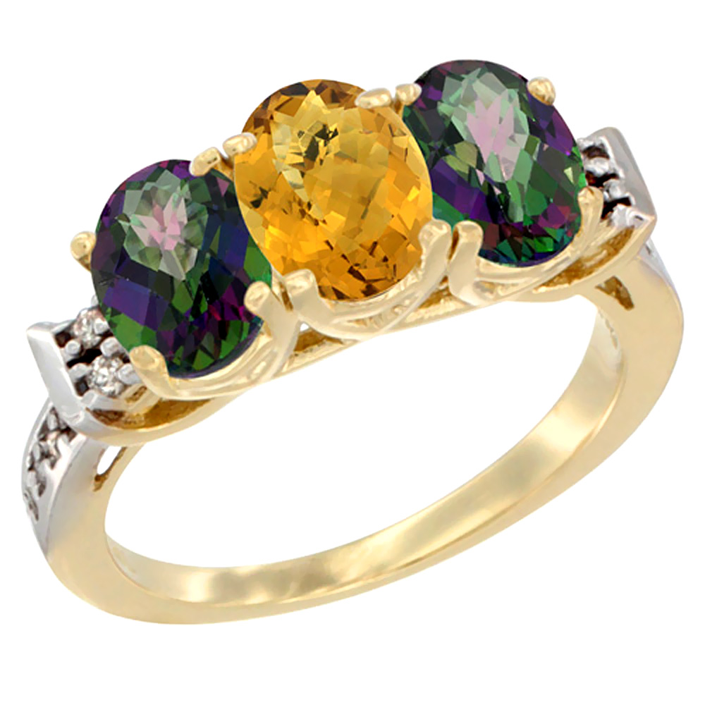 14K Yellow Gold Natural Whisky Quartz & Mystic Topaz Sides Ring 3-Stone 7x5 mm Oval Diamond Accent, sizes 5 - 10