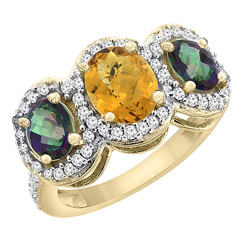 14K Yellow Gold Natural Whisky Quartz &amp; Mystic Topaz 3-Stone Ring Oval Diamond Accent, sizes 5 - 10