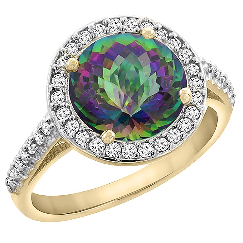 10K Yellow Gold Natural Mystic Topaz Ring Round 8mm Diamond Halo, sizes 5 to 10