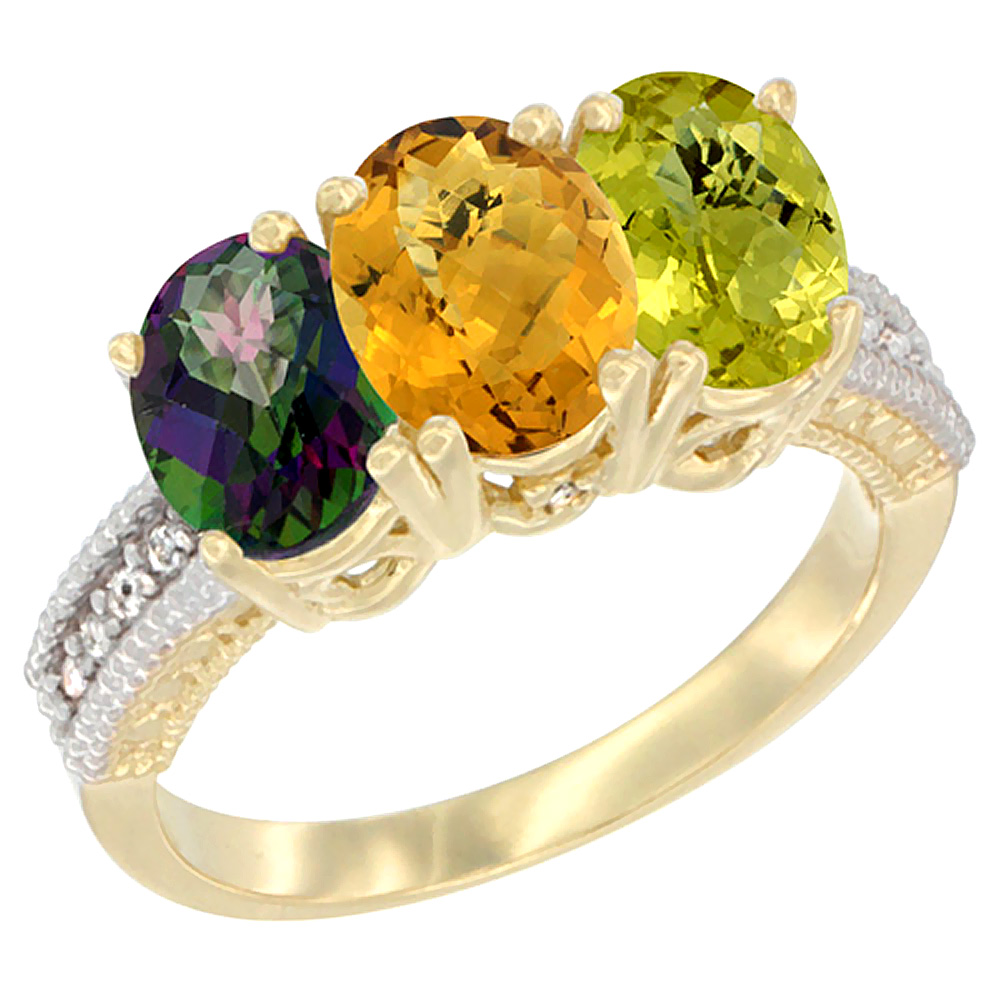 14K Yellow Gold Natural Mystic Topaz, Whisky Quartz & Lemon Quartz Ring 3-Stone 7x5 mm Oval Diamond Accent, sizes 5 - 10