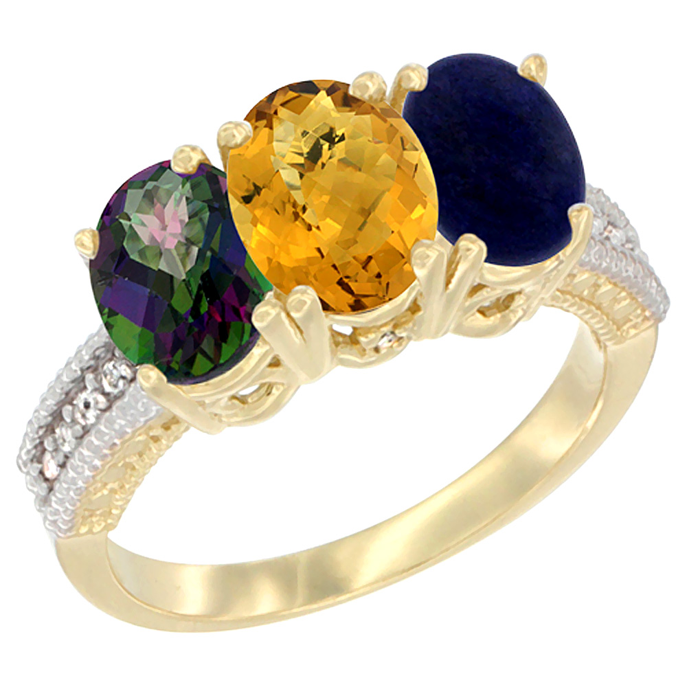 14K Yellow Gold Natural Mystic Topaz, Whisky Quartz & Lapis Ring 3-Stone 7x5 mm Oval Diamond Accent, sizes 5 - 10