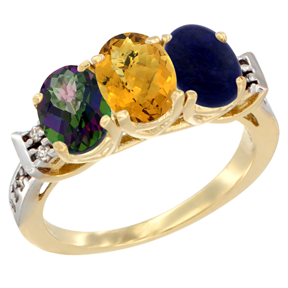 14K Yellow Gold Natural Mystic Topaz, Whisky Quartz & Lapis Ring 3-Stone 7x5 mm Oval Diamond Accent, sizes 5 - 10