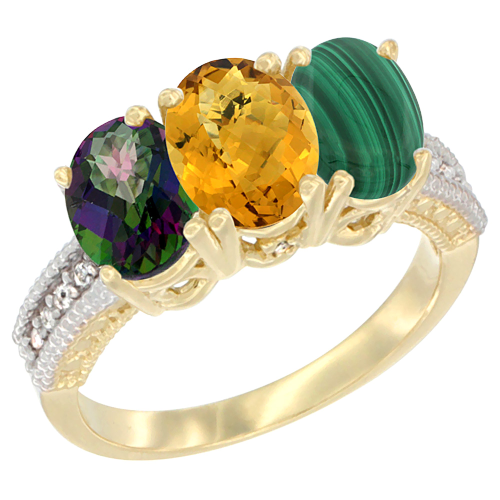 10K Yellow Gold Diamond Natural Mystic Topaz, Whisky Quartz & Malachite Ring 3-Stone 7x5 mm Oval, sizes 5 - 10