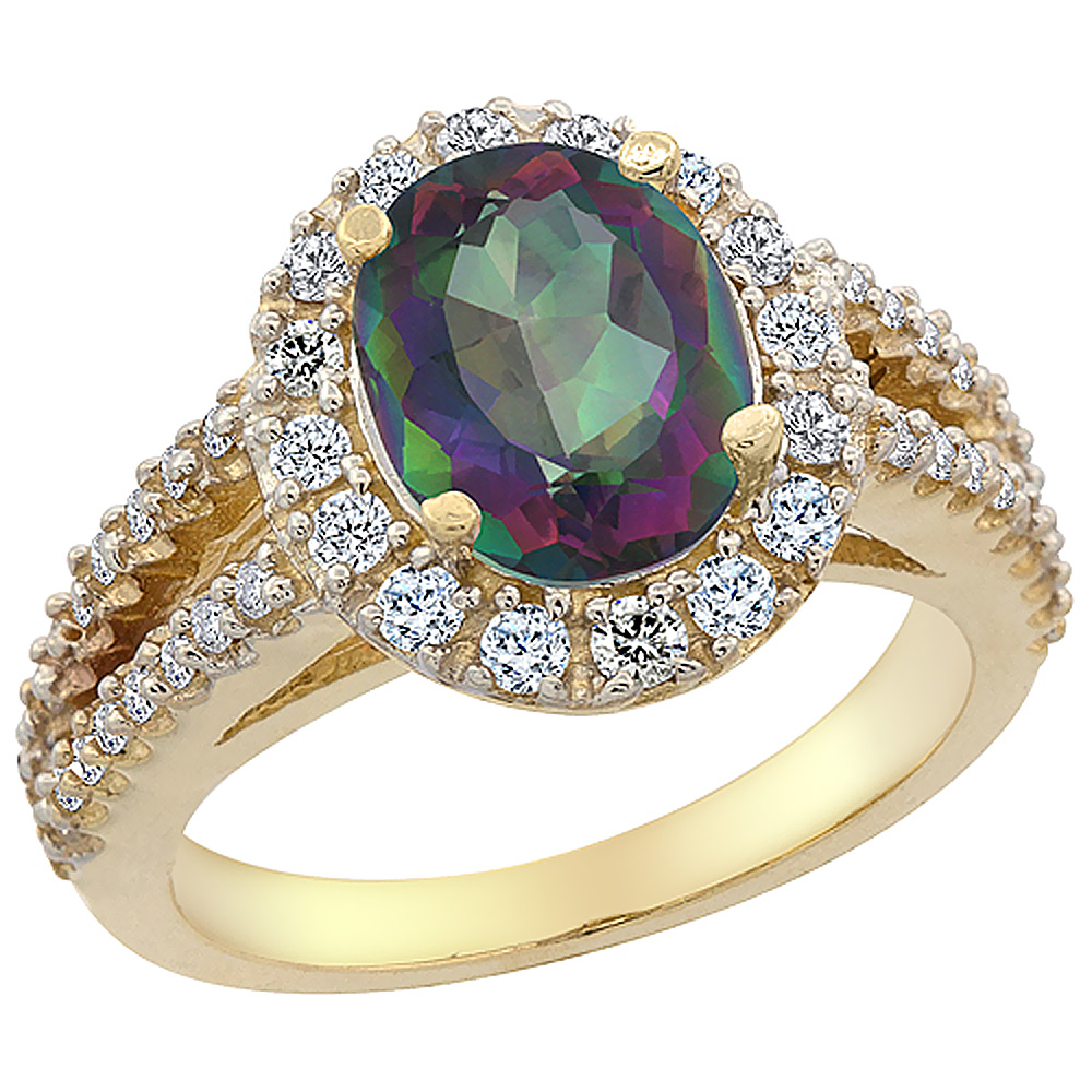 14K Yellow Gold Natural Diamond Mystic Topaz Engagement Ring Oval 10x8mm, sizes 5-10