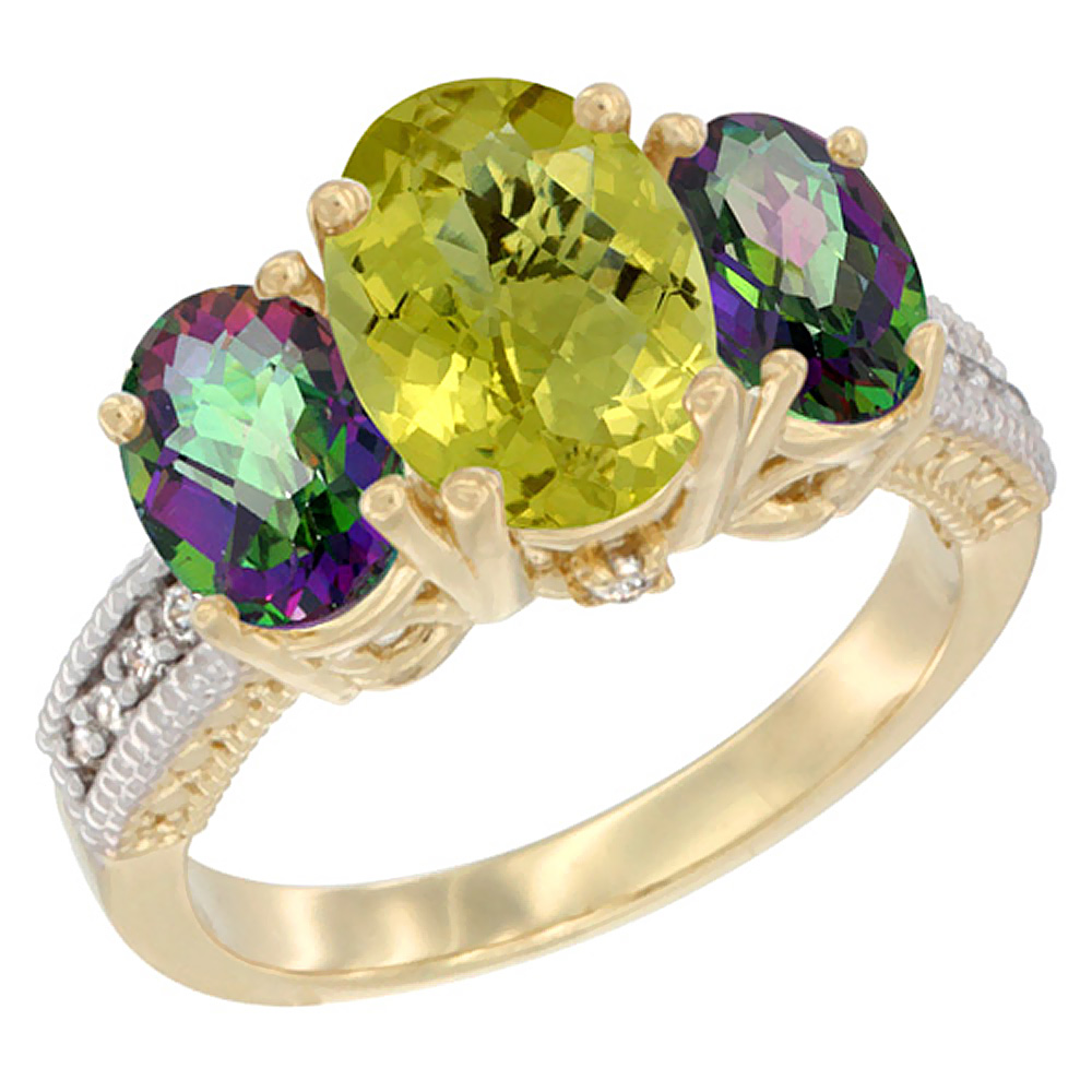 14K Yellow Gold Diamond Natural Lemon Quartz Ring 3-Stone Oval 8x6mm with Mystic Topaz, sizes5-10